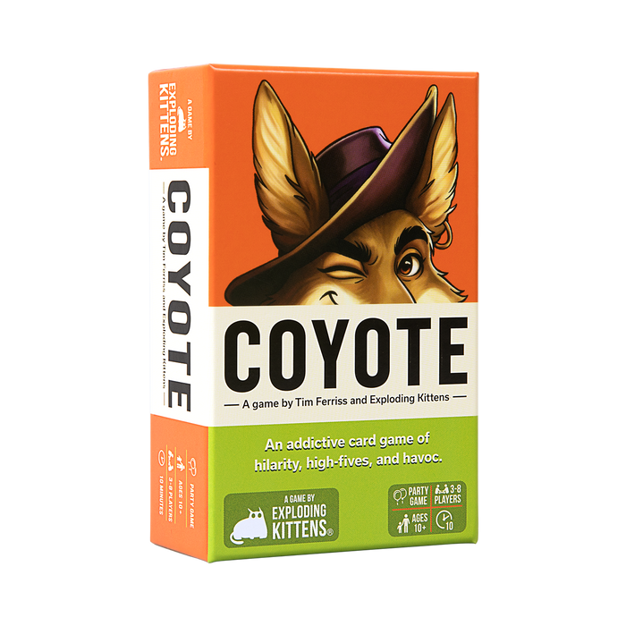 Coyote card game box at an angle, orange box with a coyote in a hat