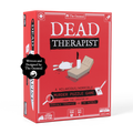 Dead Therapist game box at an angle, a red murder-puzzle game box by The Oatmeal