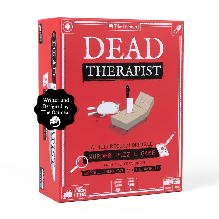Dead Therapist game box at an angle, a red murder-puzzle game box by The Oatmeal