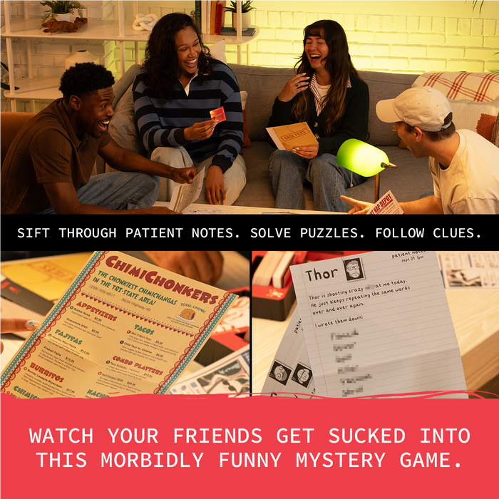 Friends playing Dead Therapist, sifting through patient notes and solving puzzles