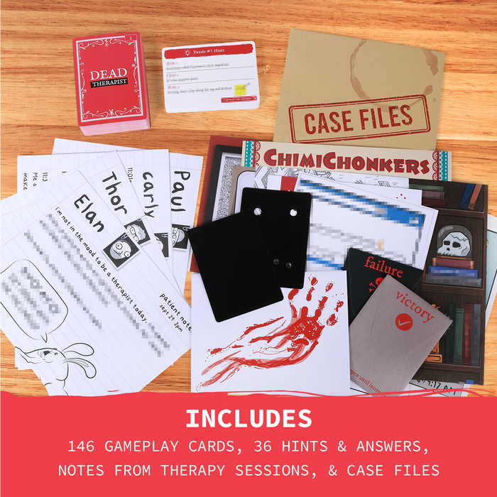 Dead Therapist contents: 146 gameplay cards, hints and answers, therapy notes, case files