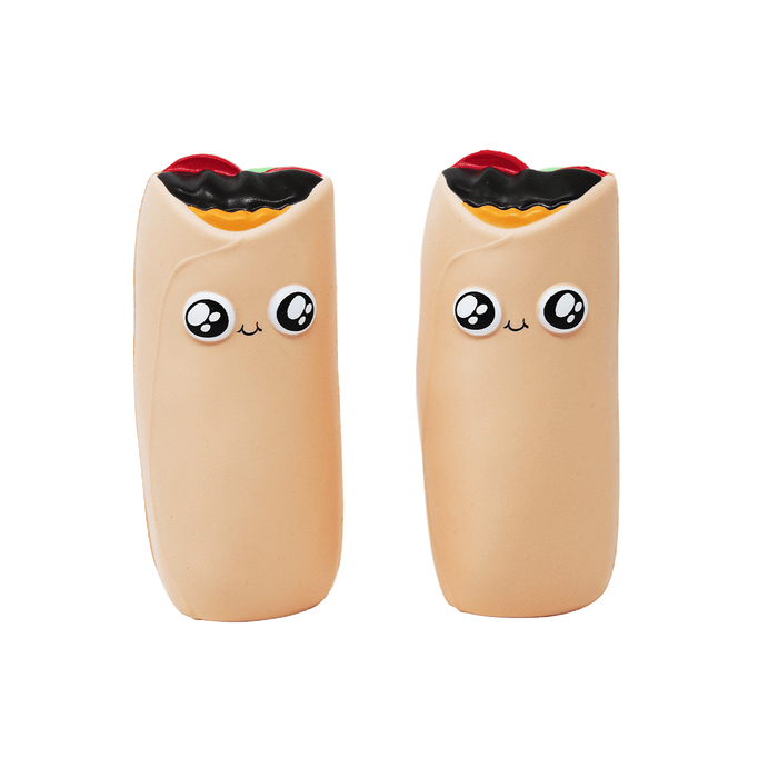 Two foam burrito plush toys with cartoon faces
