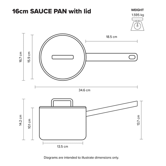 Measurement chart of a 16cm saucepan with lid showing dimensions and weight.