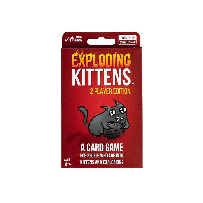 Exploding Kittens 2-Player Edition box front, red box with a cartoon cat