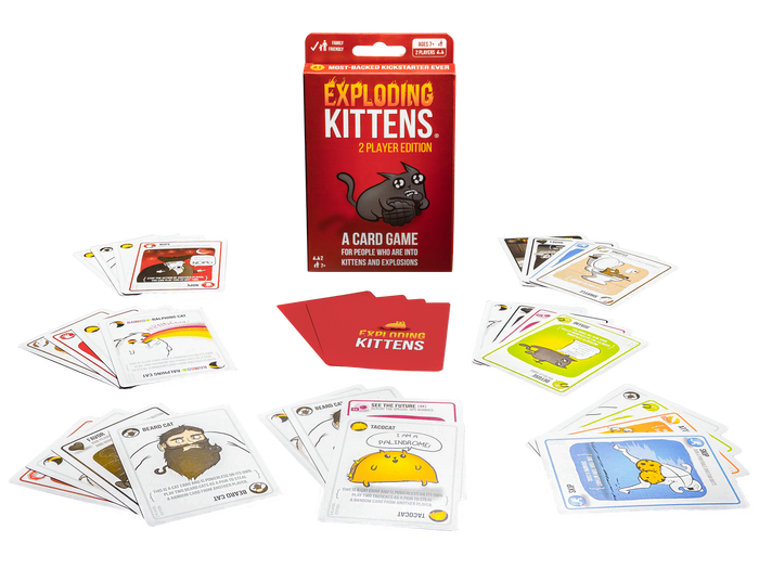 Exploding Kittens 2-Player Edition box with cards spread out