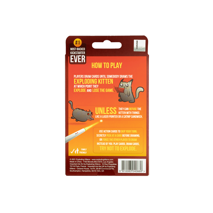 Exploding Kittens 2-Player Edition box back with how-to-play instructions