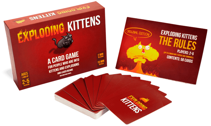 Exploding Kittens box with cards and the rules booklet