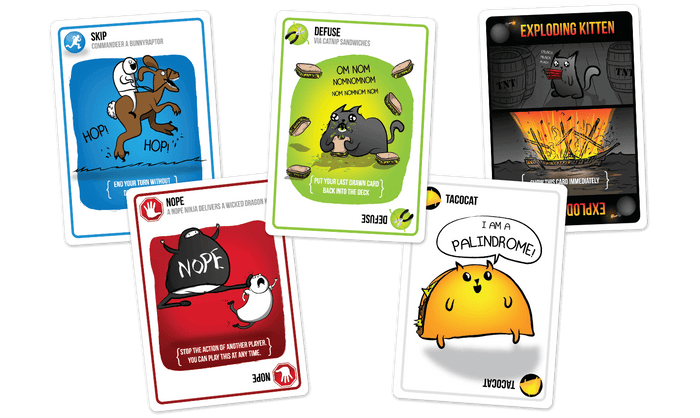 A spread of Exploding Kittens cards including Nope and Defuse