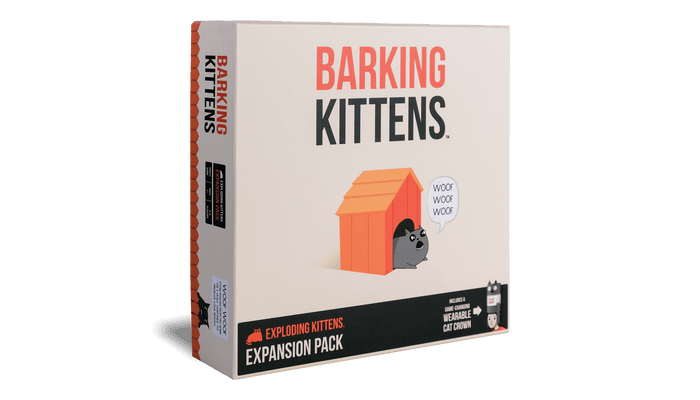 Barking Kittens expansion box, orange box with a doghouse