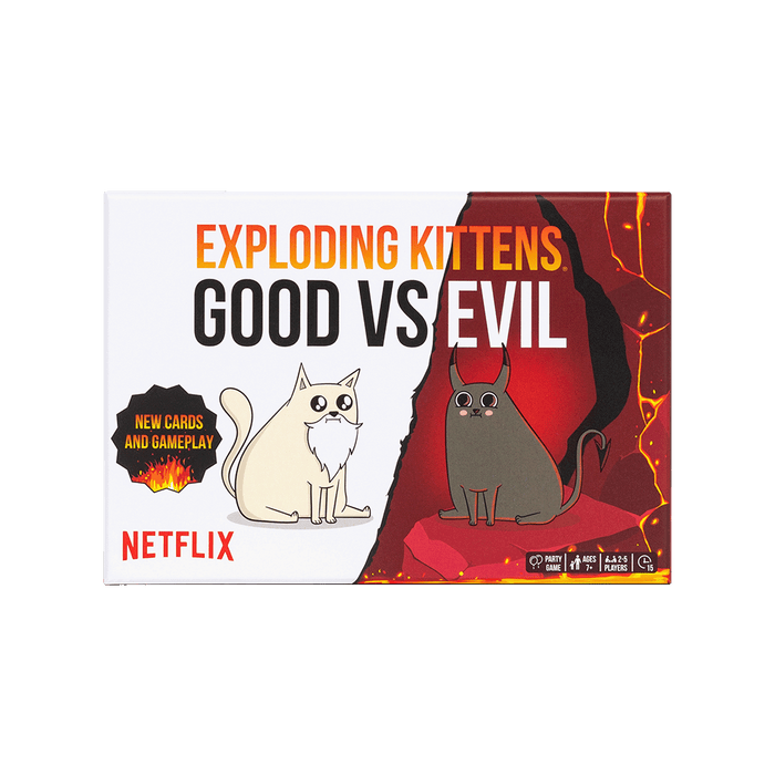 Exploding Kittens Good vs Evil box front, with white and dark cats, a Netflix edition