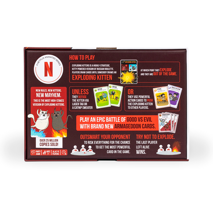Exploding Kittens Good vs Evil box back with how-to-play instructions
