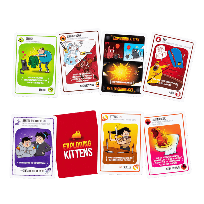 A spread of Exploding Kittens Good vs Evil cards