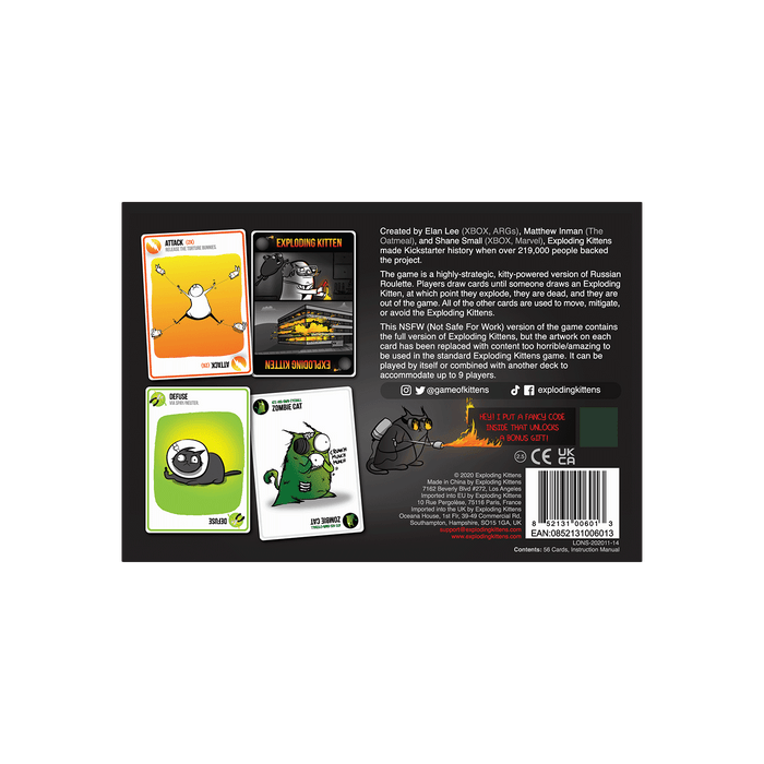 Exploding Kittens NSFW Edition box back with gameplay description