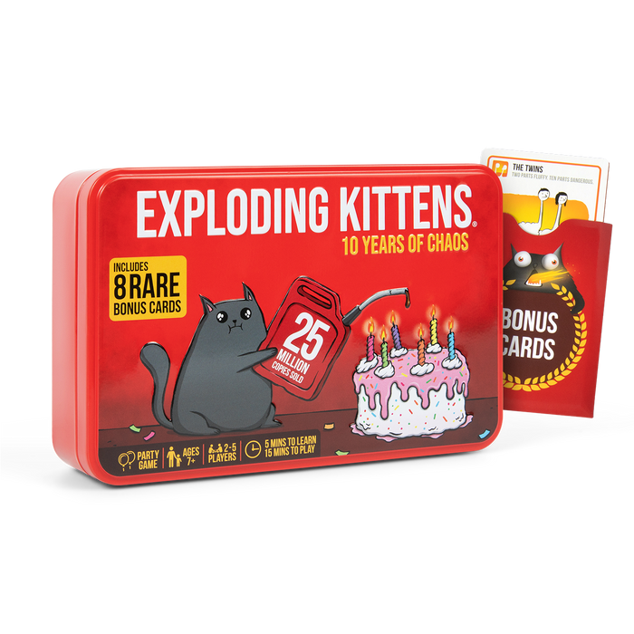Exploding Kittens 10th Anniversary tin at an angle, with bonus cards