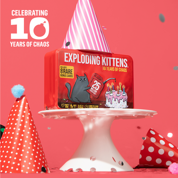 Exploding Kittens 10th Anniversary tin celebration graphic with party decor