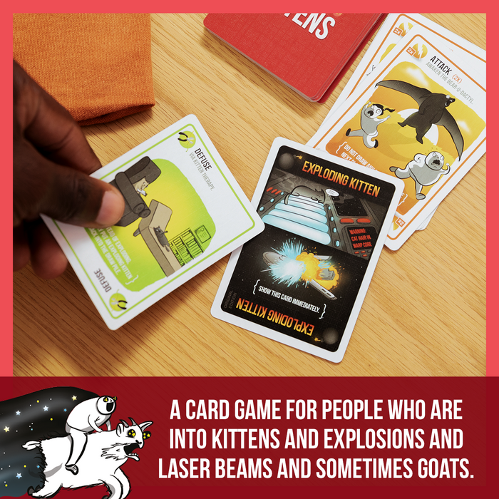 A hand of Exploding Kittens cards with the game's tagline