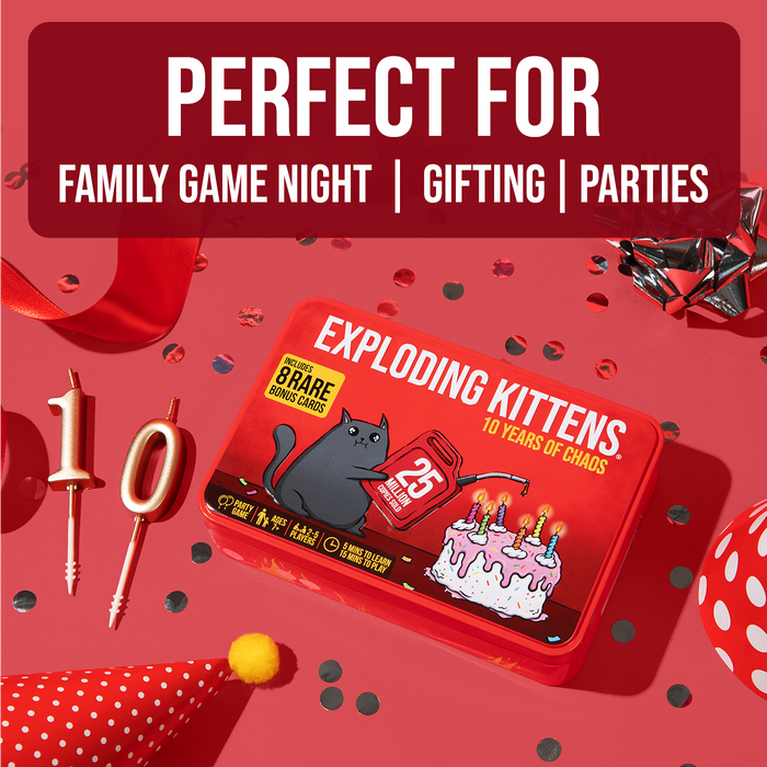 Exploding Kittens 10th Anniversary graphic: perfect for game night, gifting and parties