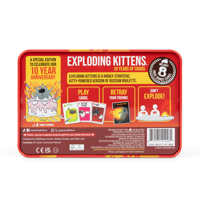 Exploding Kittens 10th Anniversary tin back with gameplay description