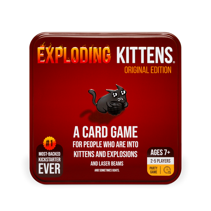 Exploding Kittens Original Edition classic tin front, red tin with a cartoon cat