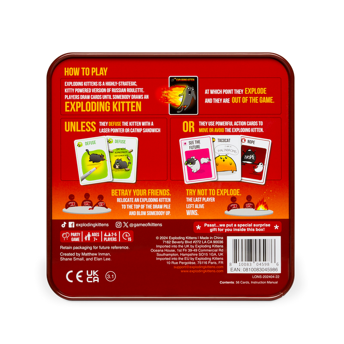 Exploding Kittens Original Edition classic tin back with how-to-play instructions
