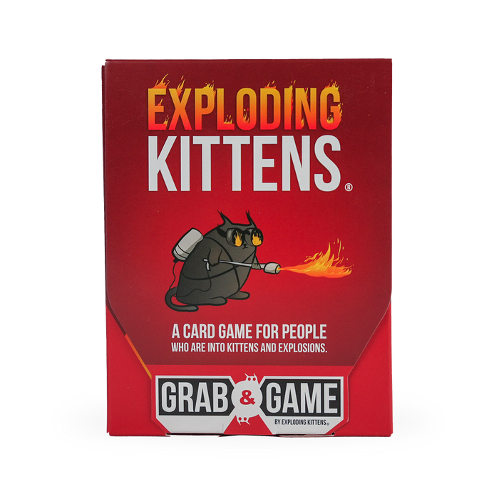 Exploding Kittens Grab & Game Edition box front, red pocket-size box