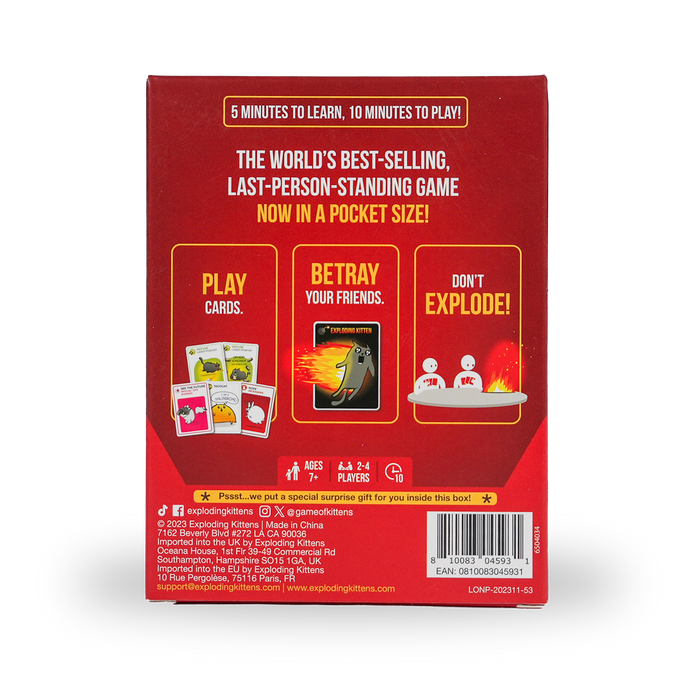 Exploding Kittens Grab & Game Edition box back with how-to-play instructions