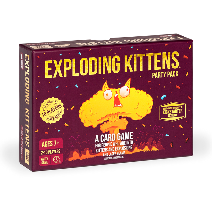 Exploding Kittens Party Pack Edition box at an angle, with a cartoon cat