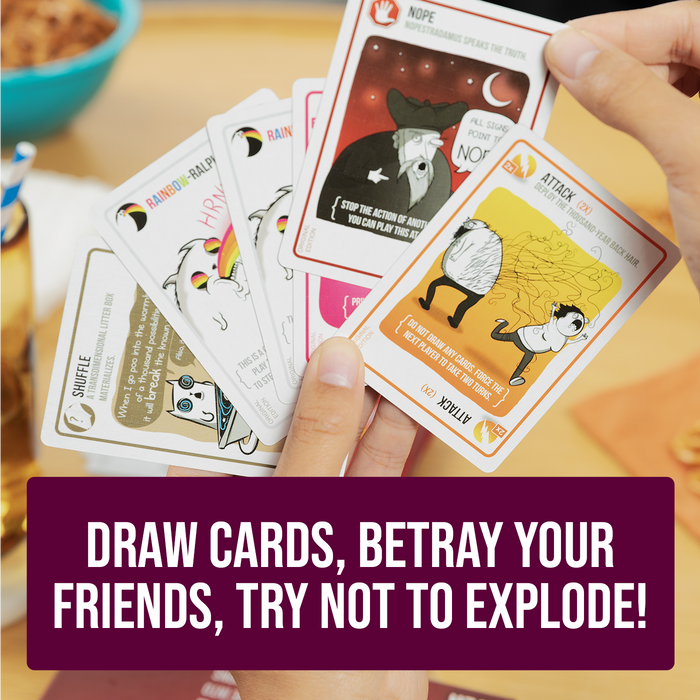 A hand of Exploding Kittens Party Pack cards: draw, betray, don't explode
