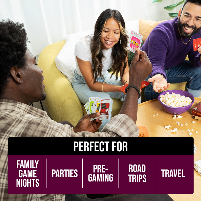 Three friends playing the Exploding Kittens Party Pack; perfect for parties and travel