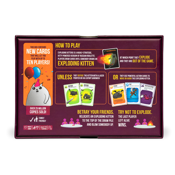 Exploding Kittens Party Pack box back with how-to-play instructions