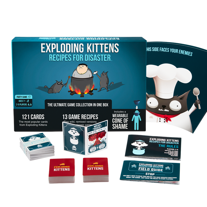 Exploding Kittens Recipes for Disaster box with the cone of shame and components