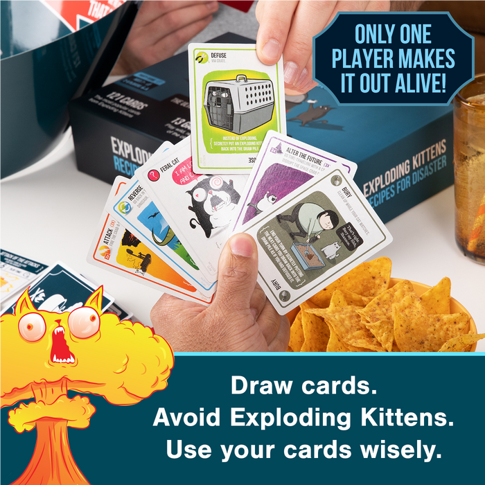 A hand of Exploding Kittens Recipes for Disaster cards