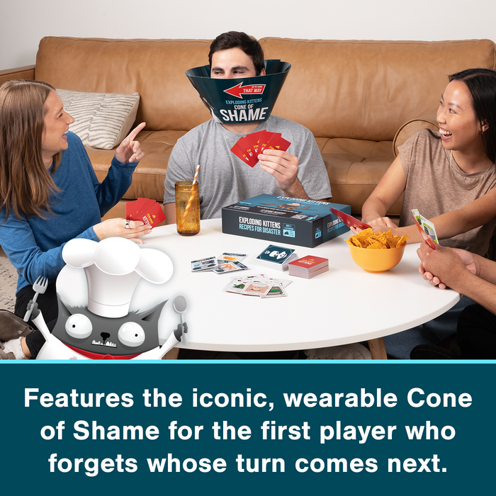 A family playing Recipes for Disaster, one wearing the cone of shame