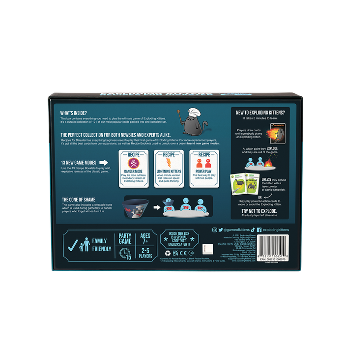 Exploding Kittens Recipes for Disaster box back with gameplay description