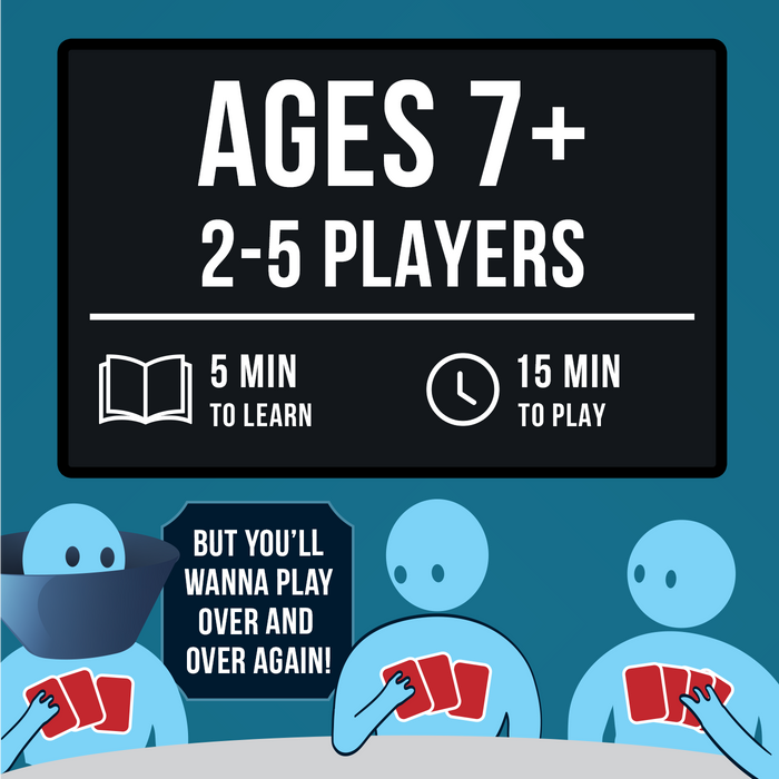 Specs: ages 7+, 2 to 5 players, 5 minutes to learn, 15 to play