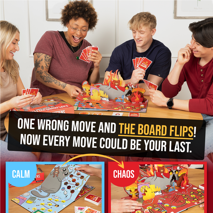 Friends playing the Exploding Kittens board game, with calm and chaos modes
