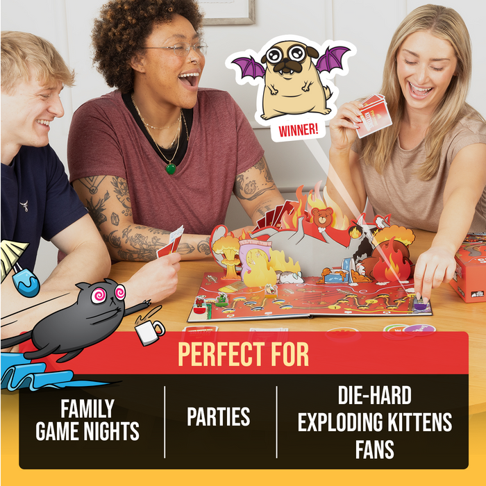 Friends laughing while playing the Exploding Kittens board game