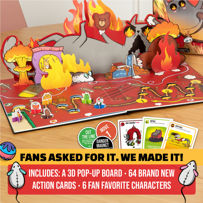 Exploding Kittens board game contents: a 3D pop-up board with cards and figures