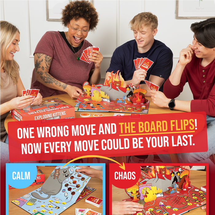 Friends playing the Exploding Kittens board game, with calm and chaos modes