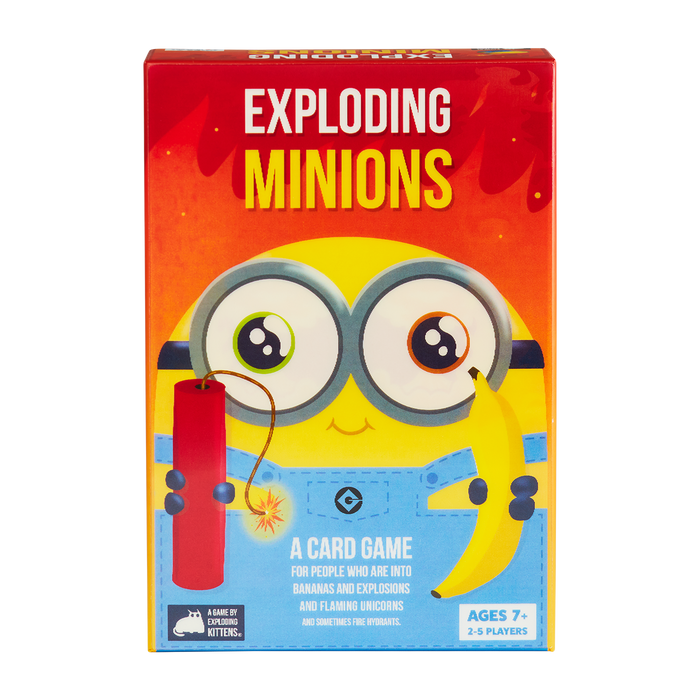 Exploding Minions box front, blue and yellow box with cartoon Minions