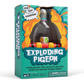 Exploding Pigeon box at an angle, teal box with a cartoon pigeon