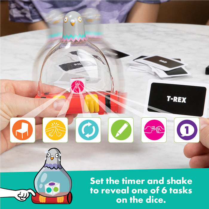 Exploding Pigeon shaker with task dice and tokens