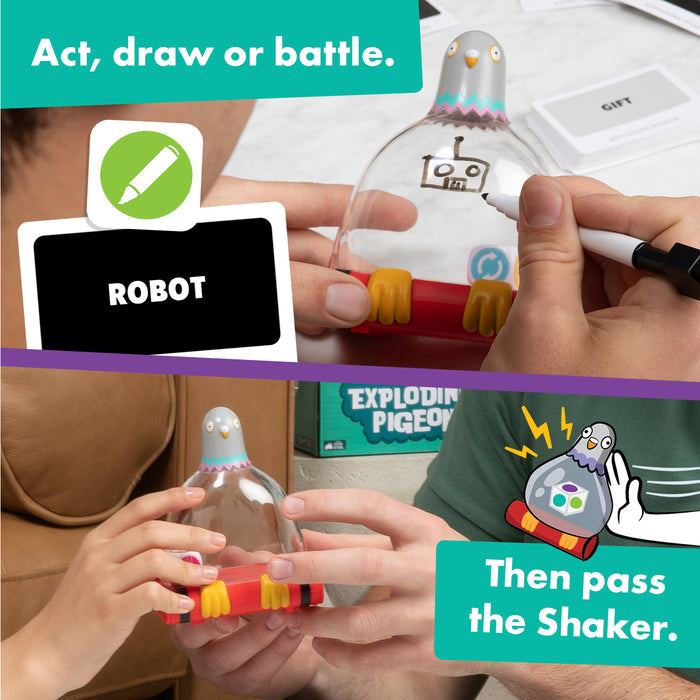 Hands passing the Exploding Pigeon shaker during play