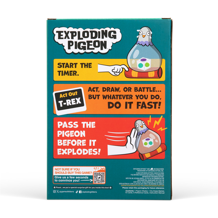 Exploding Pigeon box back with how-to-play instructions