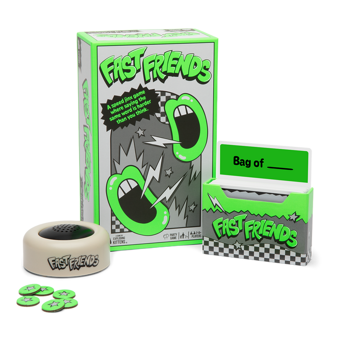 Fast Friends box at an angle, green box with cartoon mouths