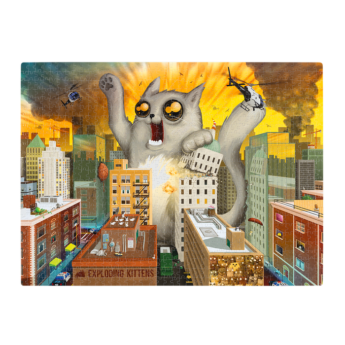 The assembled Feline of Unusual Size puzzle showing a giant cat in a city