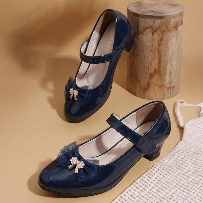 Girls Blue Heel Glossy Finish Ballerinas With Glossy Finish