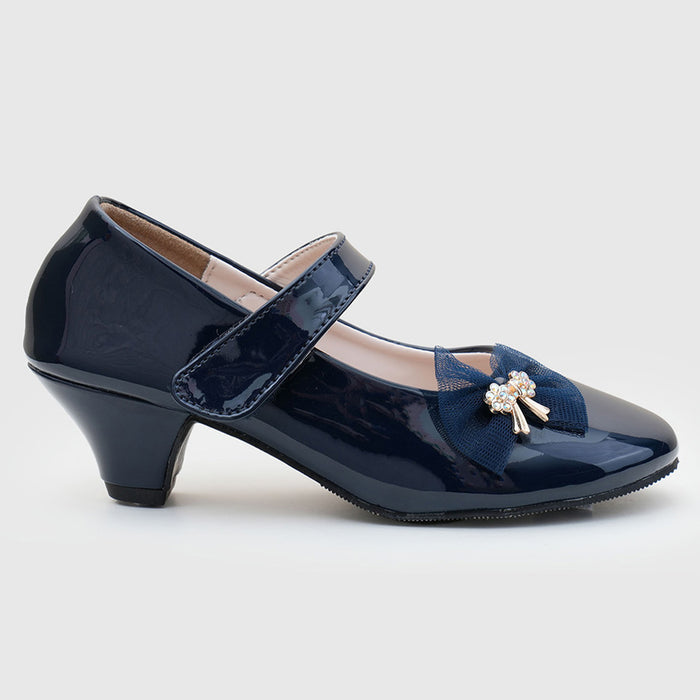 Girls Blue Heel Glossy Finish Ballerinas With Glossy Finish