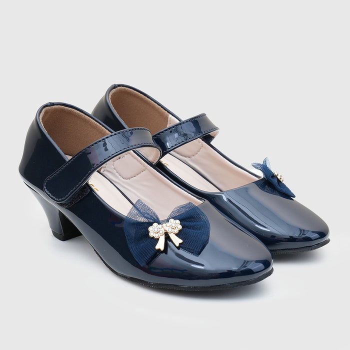 Girls Blue Heel Glossy Finish Ballerinas With Glossy Finish