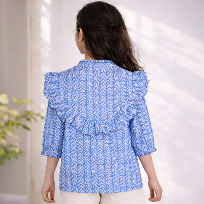 Girls Blue Printed Poplin Top with Ruffle Detail
